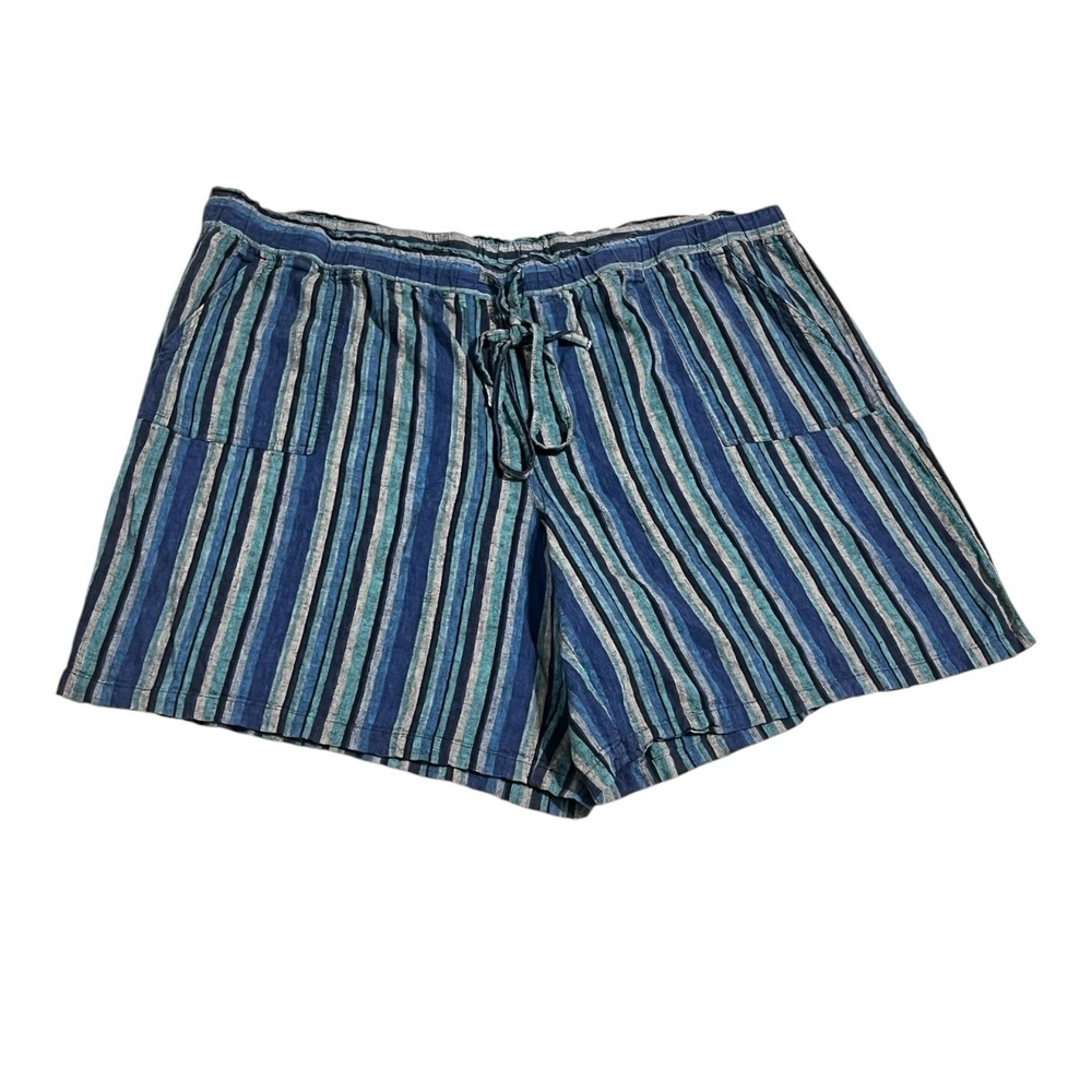 CJ Banks 3X Linen Blend Striped Drawstring Shorts Blue Plus Size
